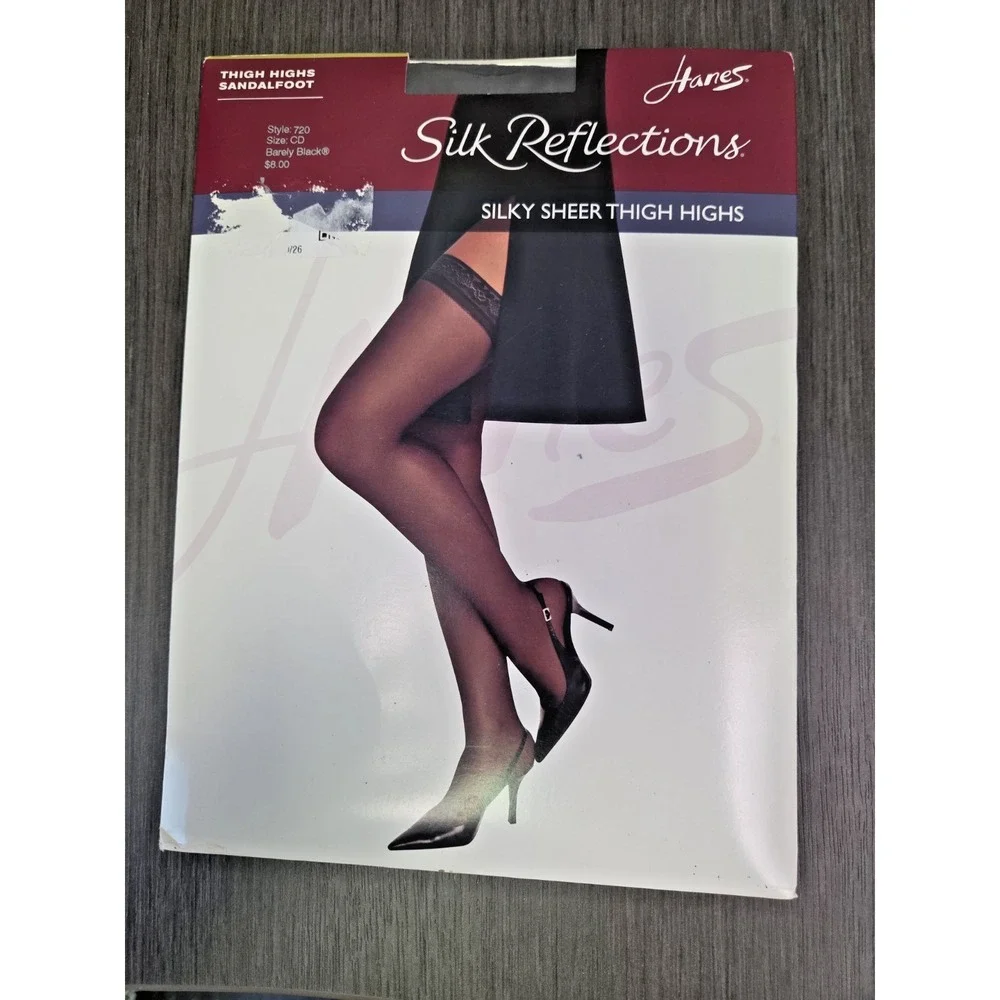 Hanes Silk Reflections‎ Silky Sheer Thigh Highs Barely Black Size CD Sandalfoot